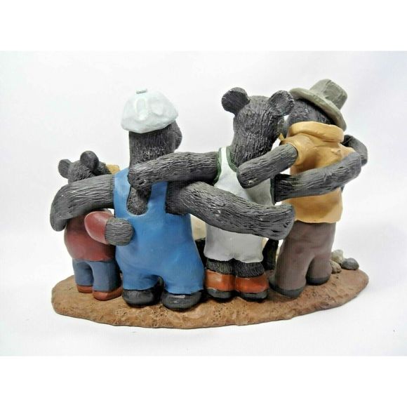 4 Bear Buddies Group Catch Fishing Stoneware Figurine Fish Basket Fisherman - Picture 2 of 4
